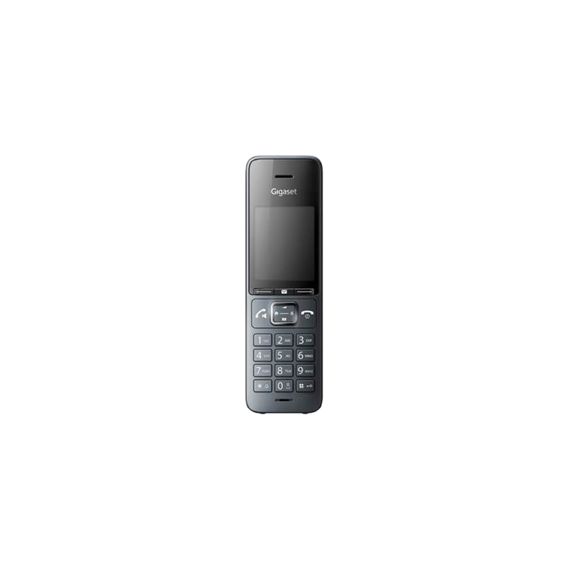 Ein Gigaset-Telefon auf schwarzem Hintergrund. Das Telefon ist grau und hat ein Nummernfeld.