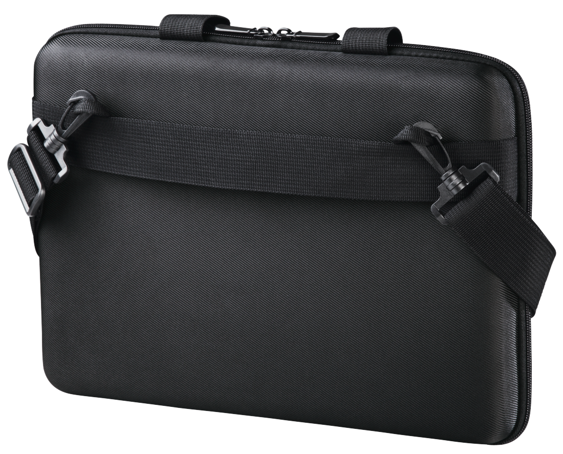 Fekete laptop táska vállpánttal és fogantyúval.