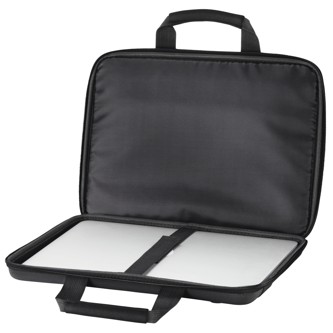 Fekete laptop táska, nyitva, hogy egy laptopot mutasson belül. Fekete fogantyú és cipzár látható.