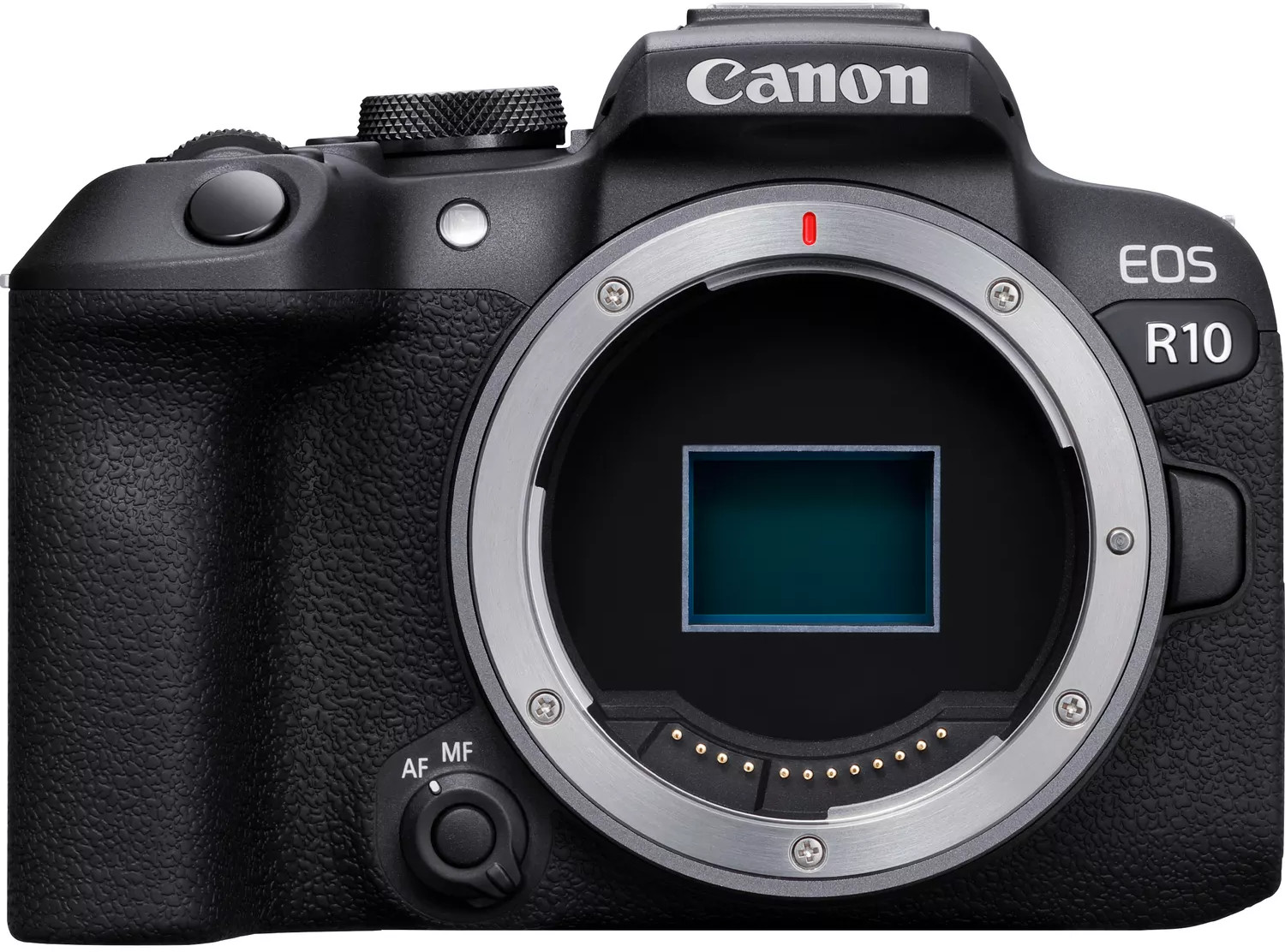 Canon EOS R10 camera body. Front view, lens mount, and controls are visible.
