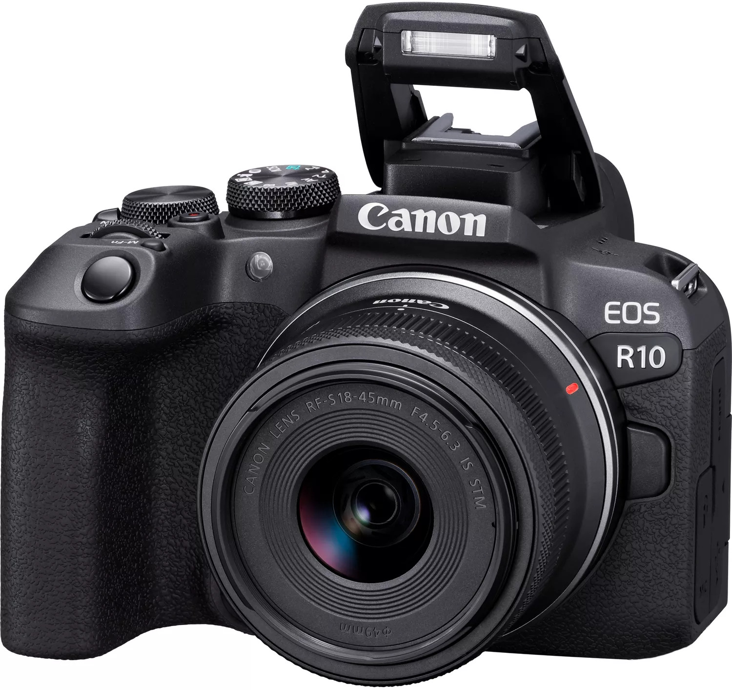 A black Canon EOS R10 camera with a lens, flash, and buttons, placed on a white background.
