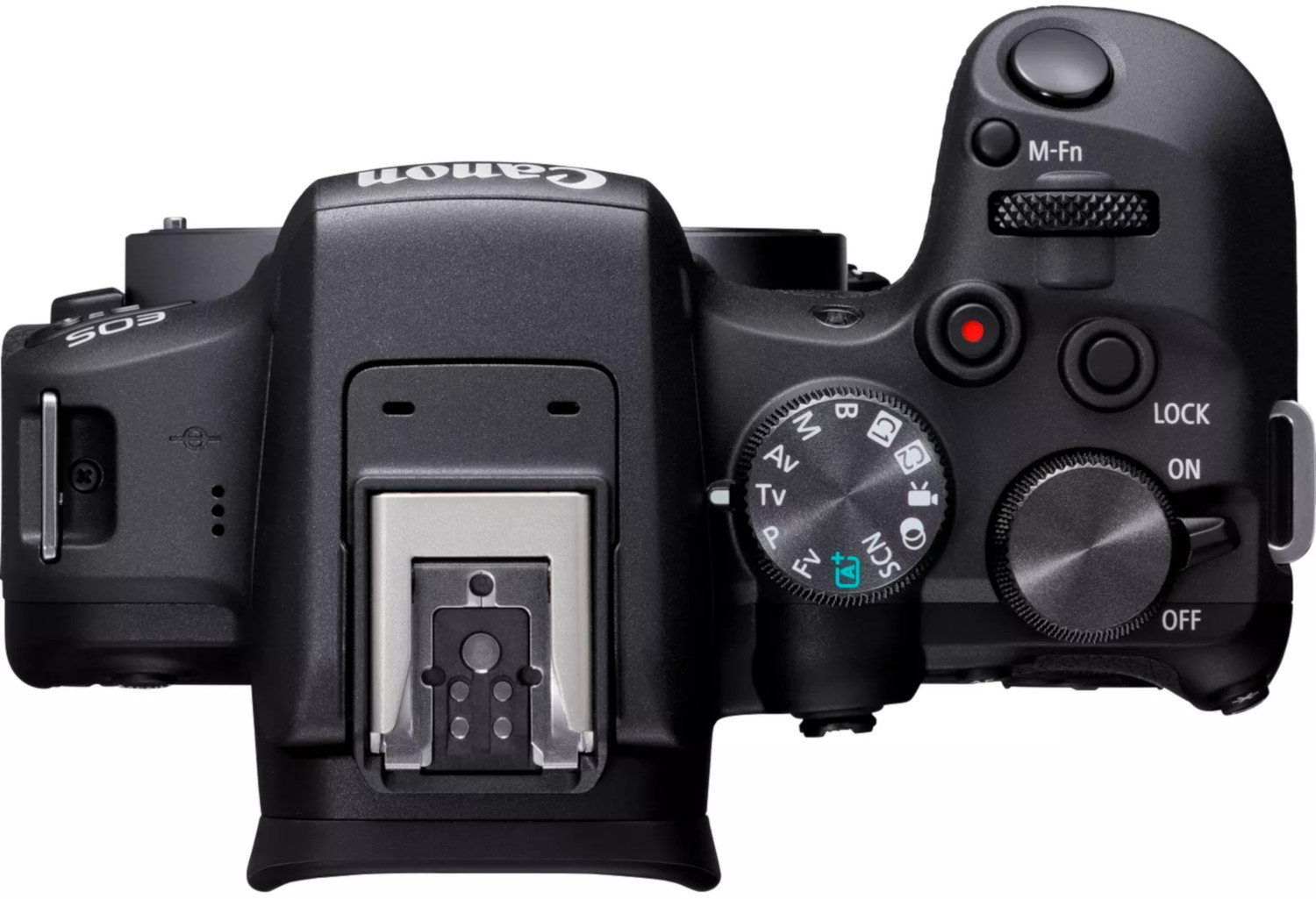 Top view of a black Canon camera. It has several dials and buttons. Canon logo is visible.