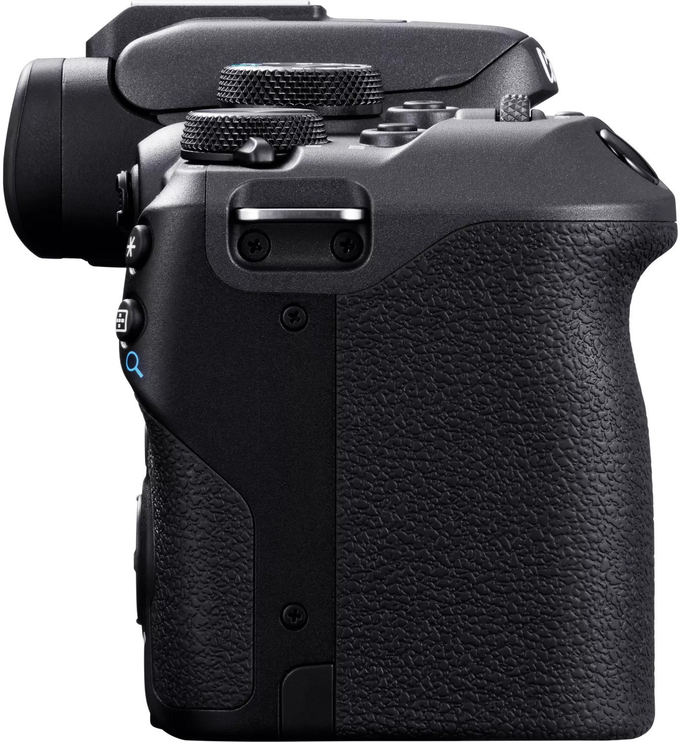 A black camera body with buttons and textured grip.