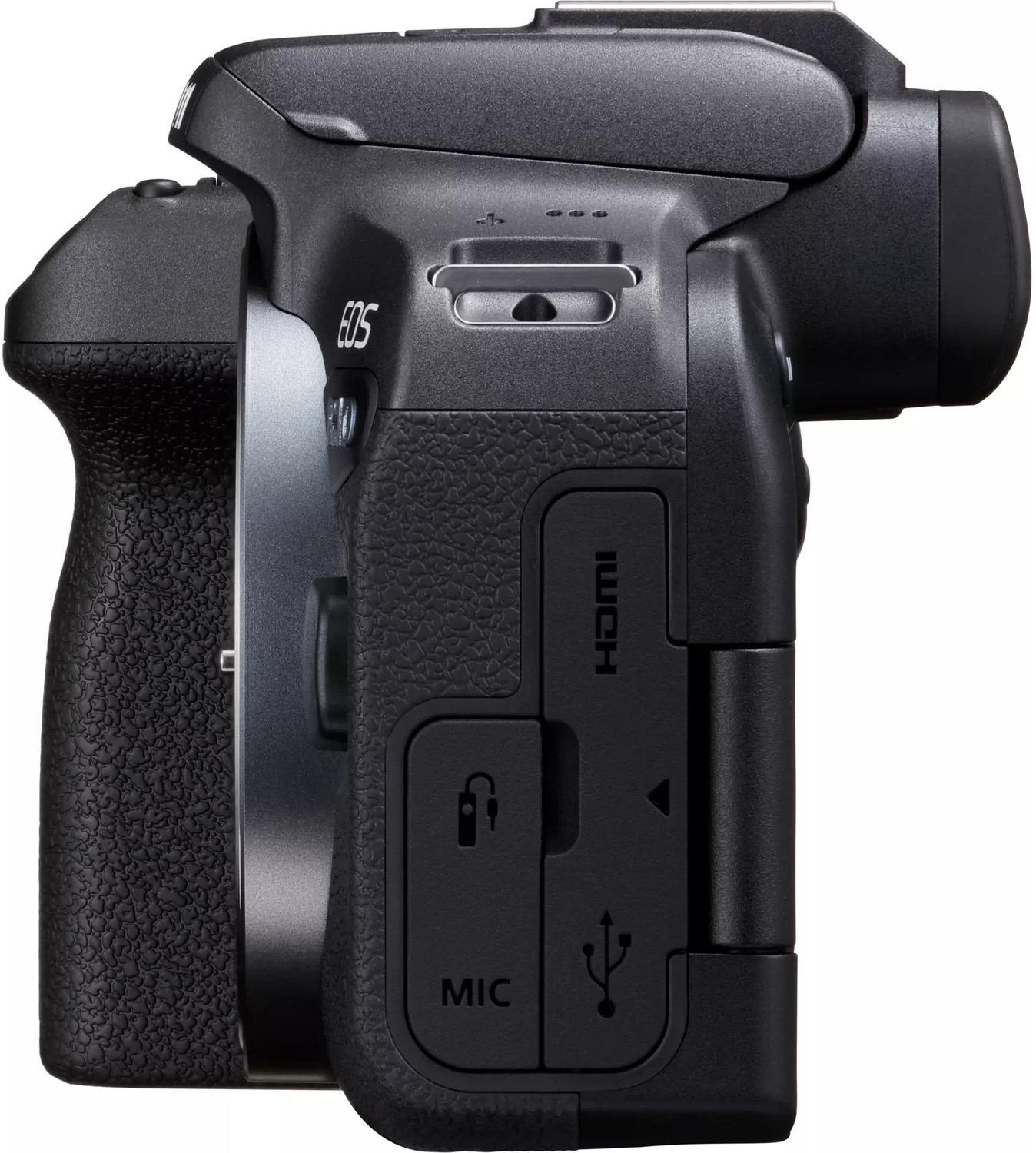 Side view of a black EOS camera with buttons, ports, and a grip. The camera is on a white backdrop.