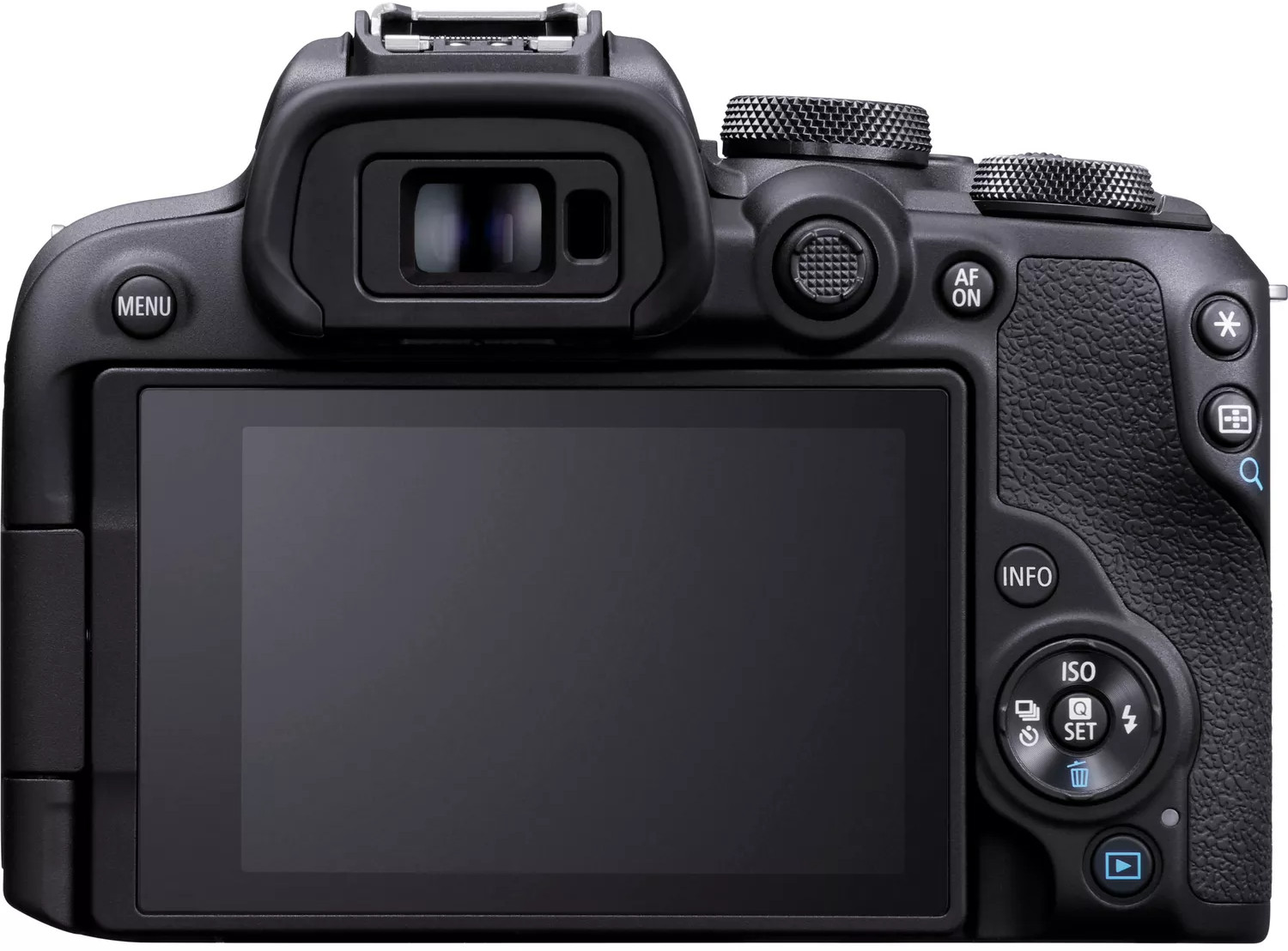 Black camera, back view, with a screen and control buttons.