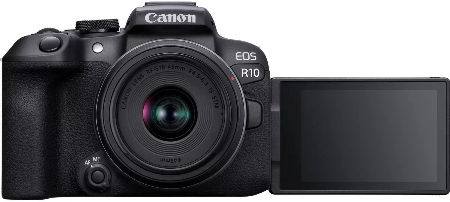 Black Canon EOS R10 camera with a lens and a flipped-out screen.
