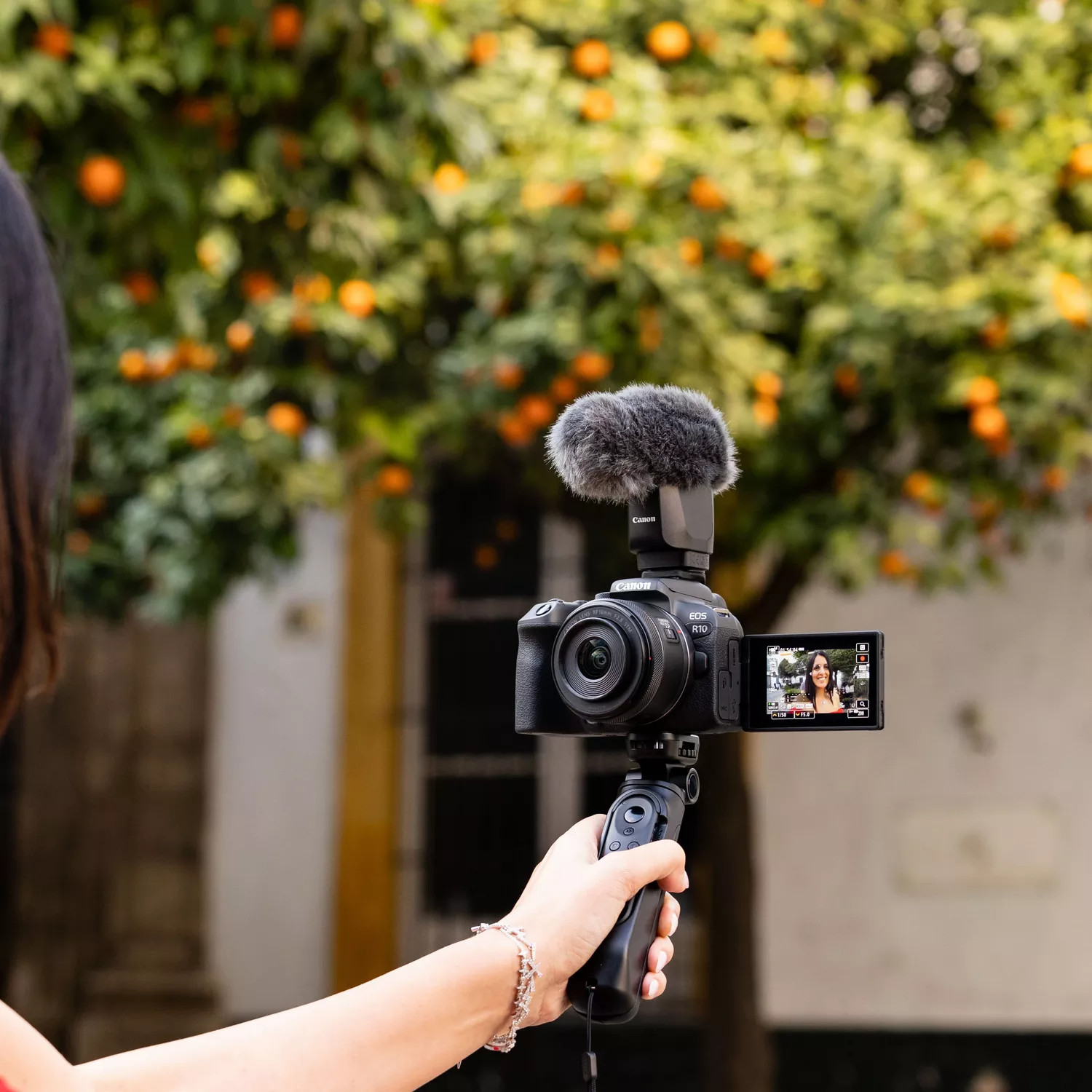 A person filming with a Canon camera. They are outdoors with an orange tree in the background.