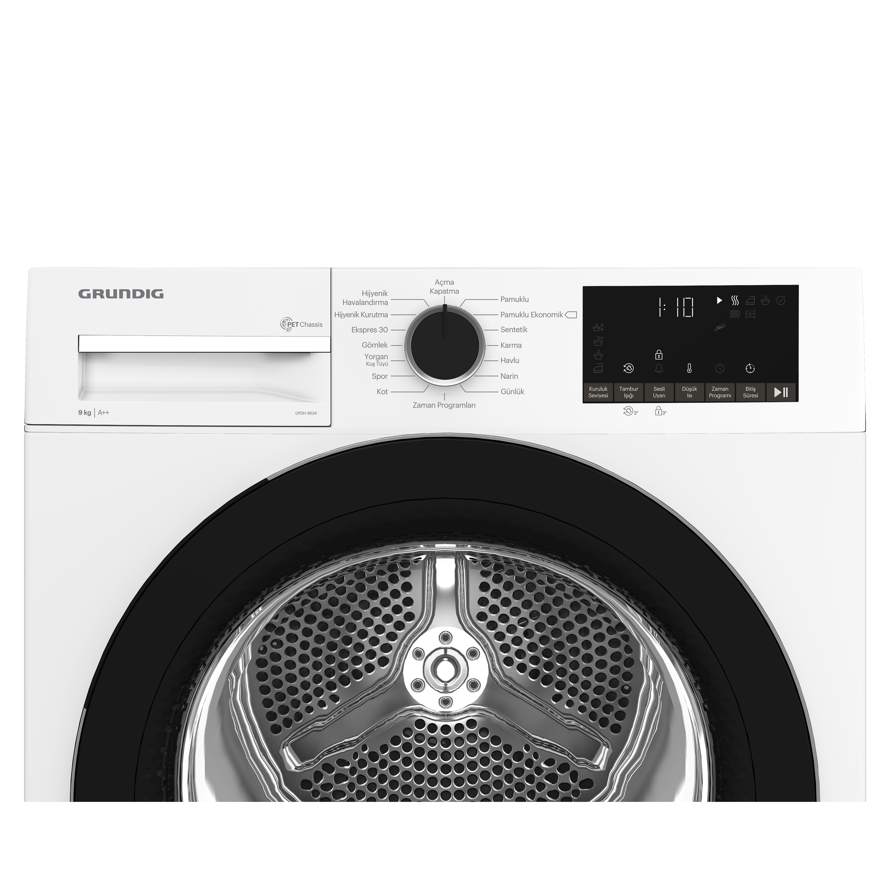 Çeşitli program seçeneklerinin gösterildiği beyaz bir Grundig çamaşır makinesi kontrol paneli.