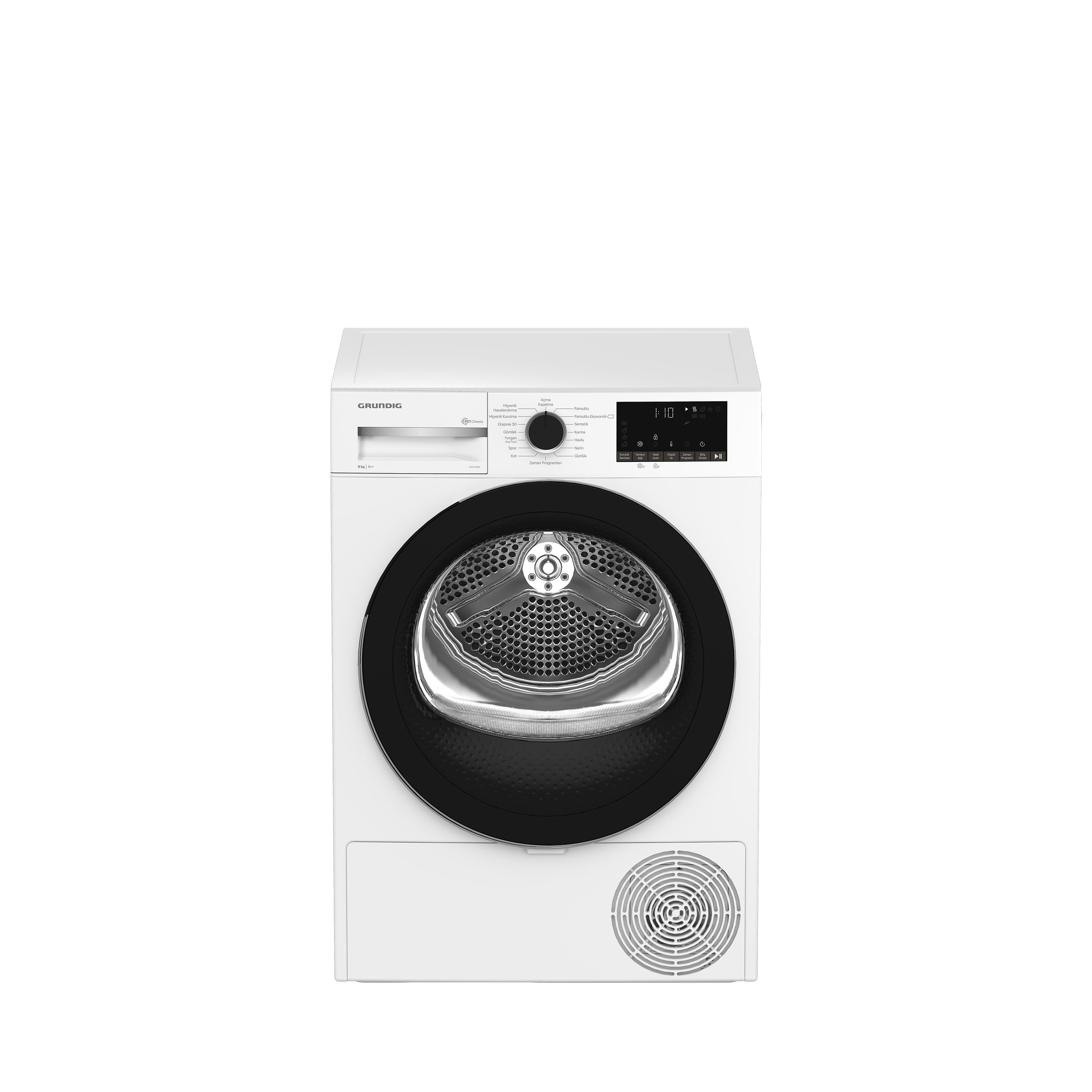 Beyaz Grundig kurutucu. Siyah dairesel bir kapı ve üstte kontrol paneli.