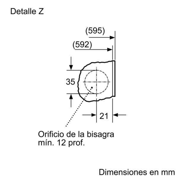 Un dibujo técnico muestra un orificio de bisagra con dimensiones en milímetros.