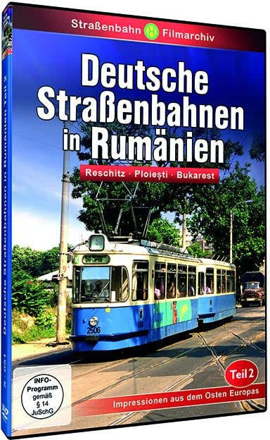 Eine DVD-Hülle mit dem Titel 'Deutsche Straßenbahnen in Rumänien', die eine Straßenbahn zeigt.