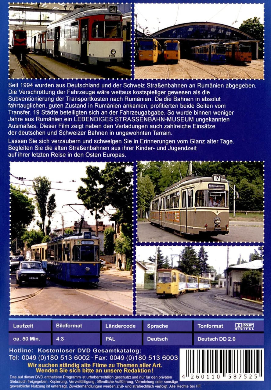 DVD-Hülle mit Straßenbahnbildern. Text auf Deutsch, darunter Informationen zur Straßenbahngeschichte und -routen.