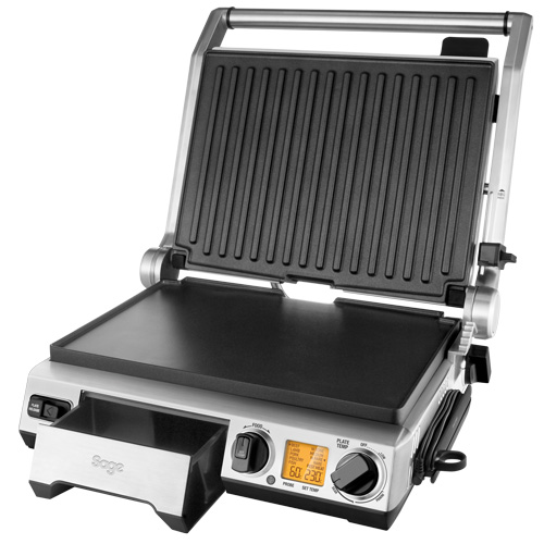 Silver grill with a digital display and controls. The grill is open.