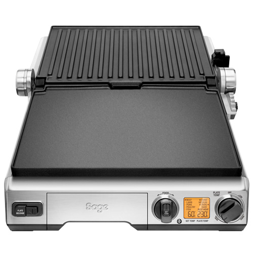 Silver electric grill with controls and digital display, top view.