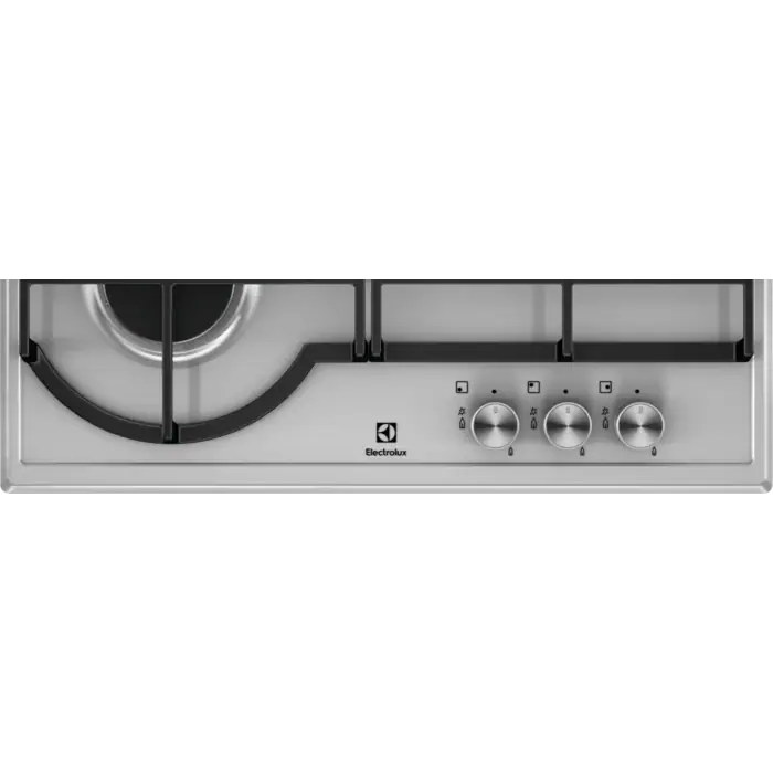 Primer plano de una placa de cocina plateada con mandos y un único quemador negro a la izquierda.