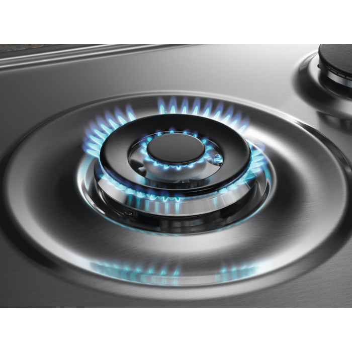 Primer plano de un quemador de gas, con llamas azules que emanan del centro.