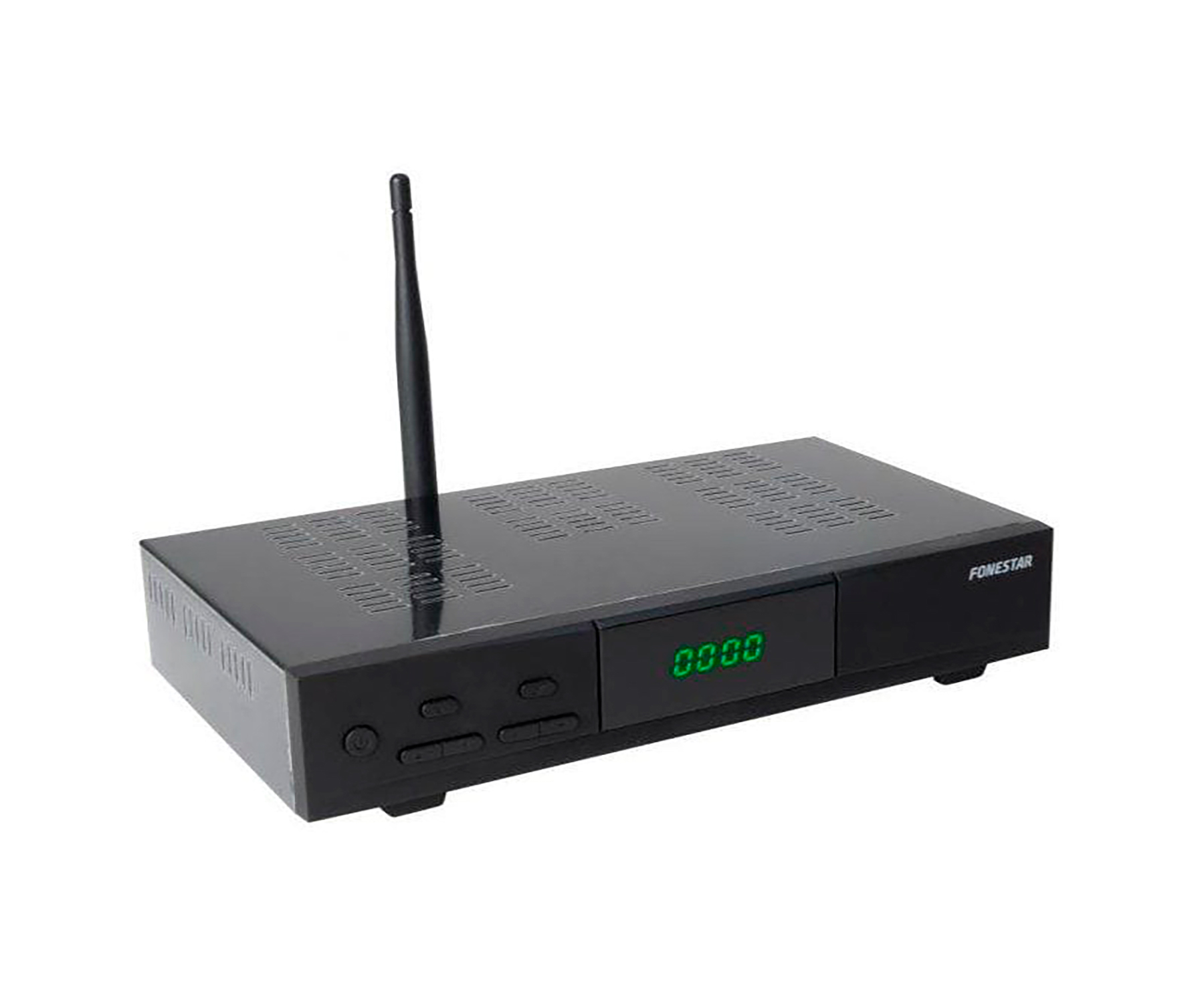 Receptor digital Fonestar negro con antena, fondo blanco.