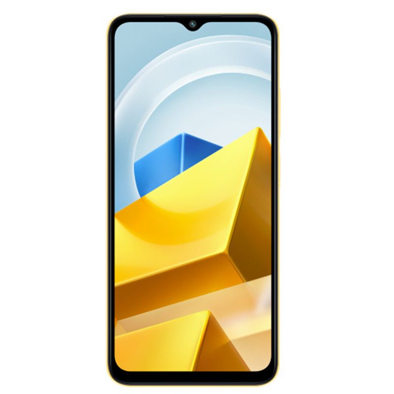 Un teléfono inteligente amarillo con una pantalla que muestra un diseño abstracto. El teléfono está sobre un fondo blanco.
