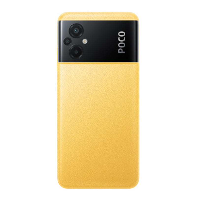 Parte trasera de teléfono POCO amarillo con módulo de cámara negro, sobre fondo blanco.