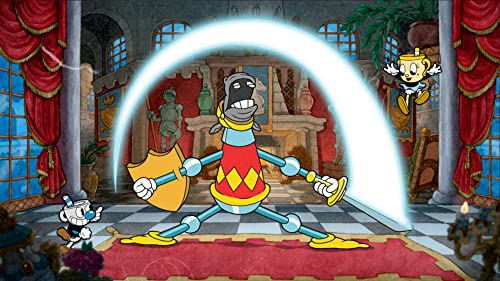 Una escena de Cuphead. Una figura de robot ataca con una espada, Cuphead está a la izquierda.