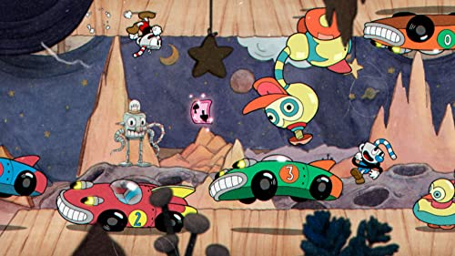 Captura de pantalla de una caricatura. Coches con números compiten, personajes vuelan. Fondo: estrellas, cielo y un mundo.