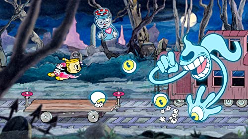 Escena de dibujos animados: dos personajes en un tren, figuras fantasmales.