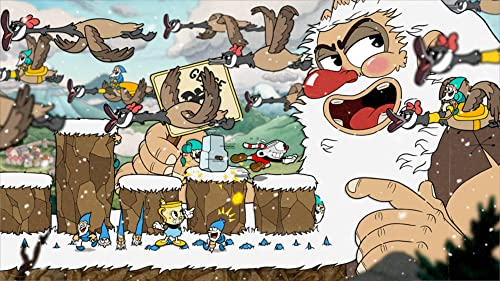 Una escena de un videojuego con personajes de dibujos animados. Una gran criatura blanca en el fondo.