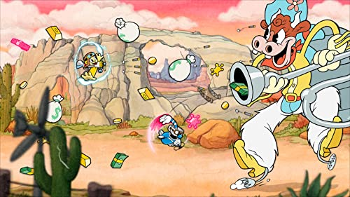 Escena de dibujos animados de una vaquera disparando dinero y bombas. La escena es un paisaje desértico.