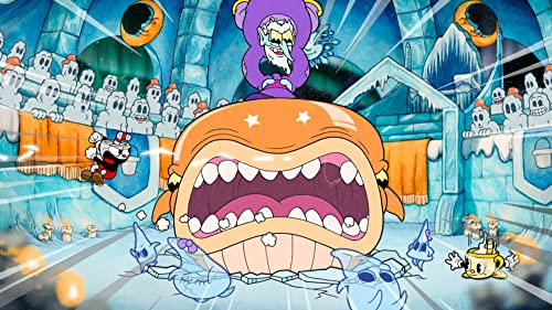 Una escena de dibujos animados de Cuphead. Los personajes luchan contra una ballena. Fondo congelado.