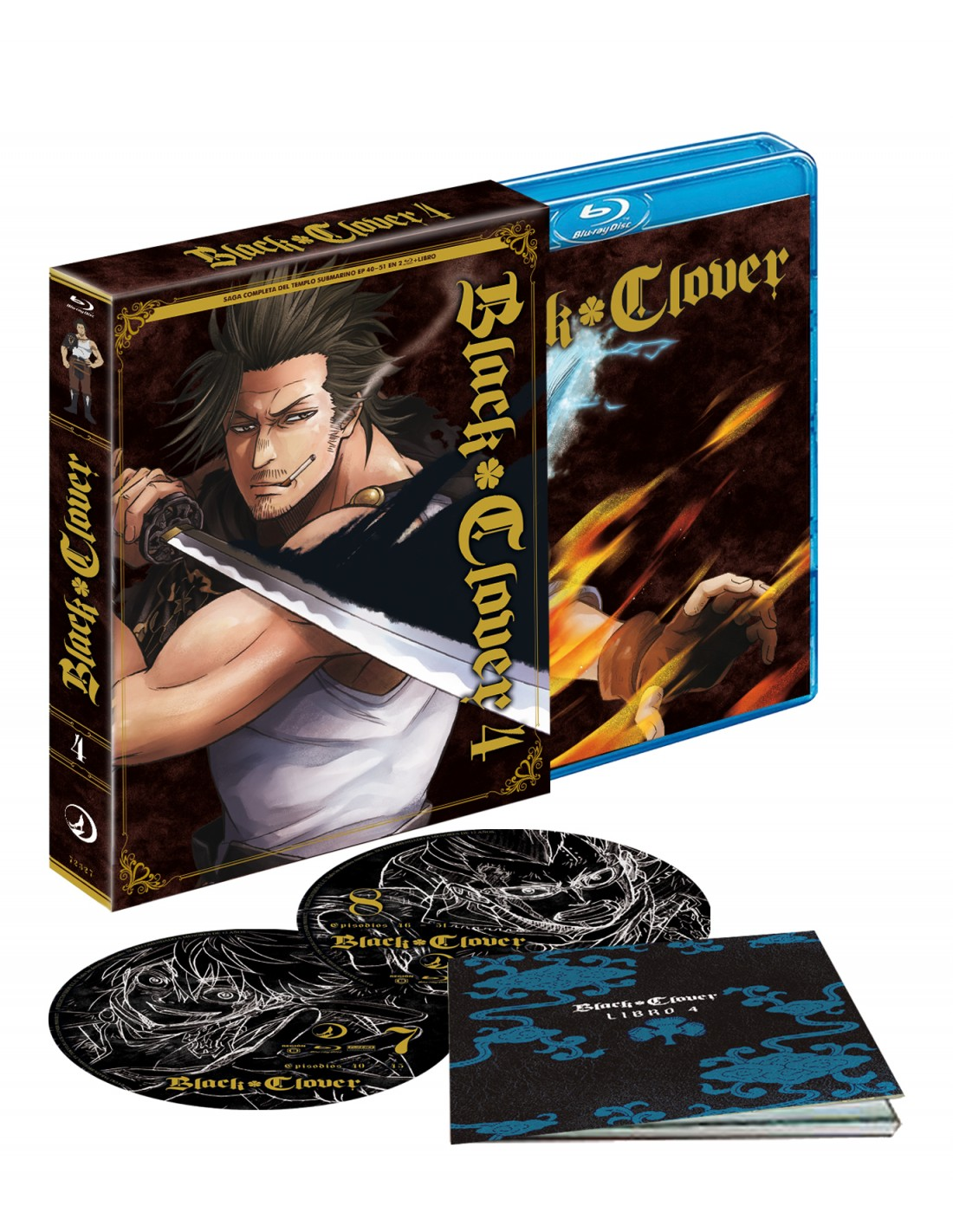 Un pack Blu-ray de "Black Clover" anime. El set incluye una caja, discos y un folleto.