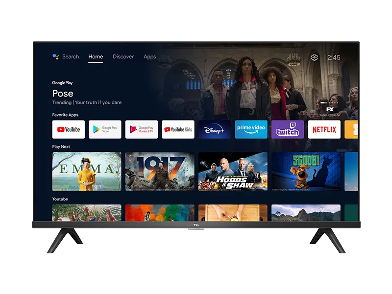 Un televisor TCL mostrando la pantalla de inicio de Google Play, con iconos de varias apps.