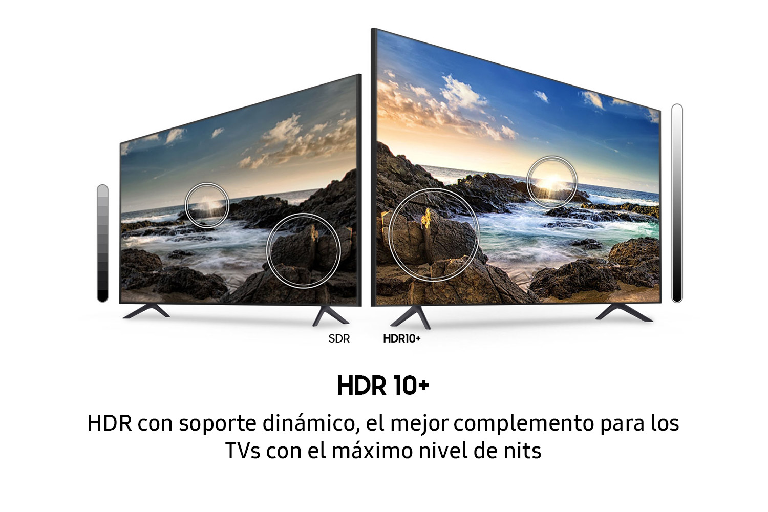 Dos televisores uno al lado del otro mostrando una escena de playa, uno etiquetado SDR, el otro HDR 10+.
