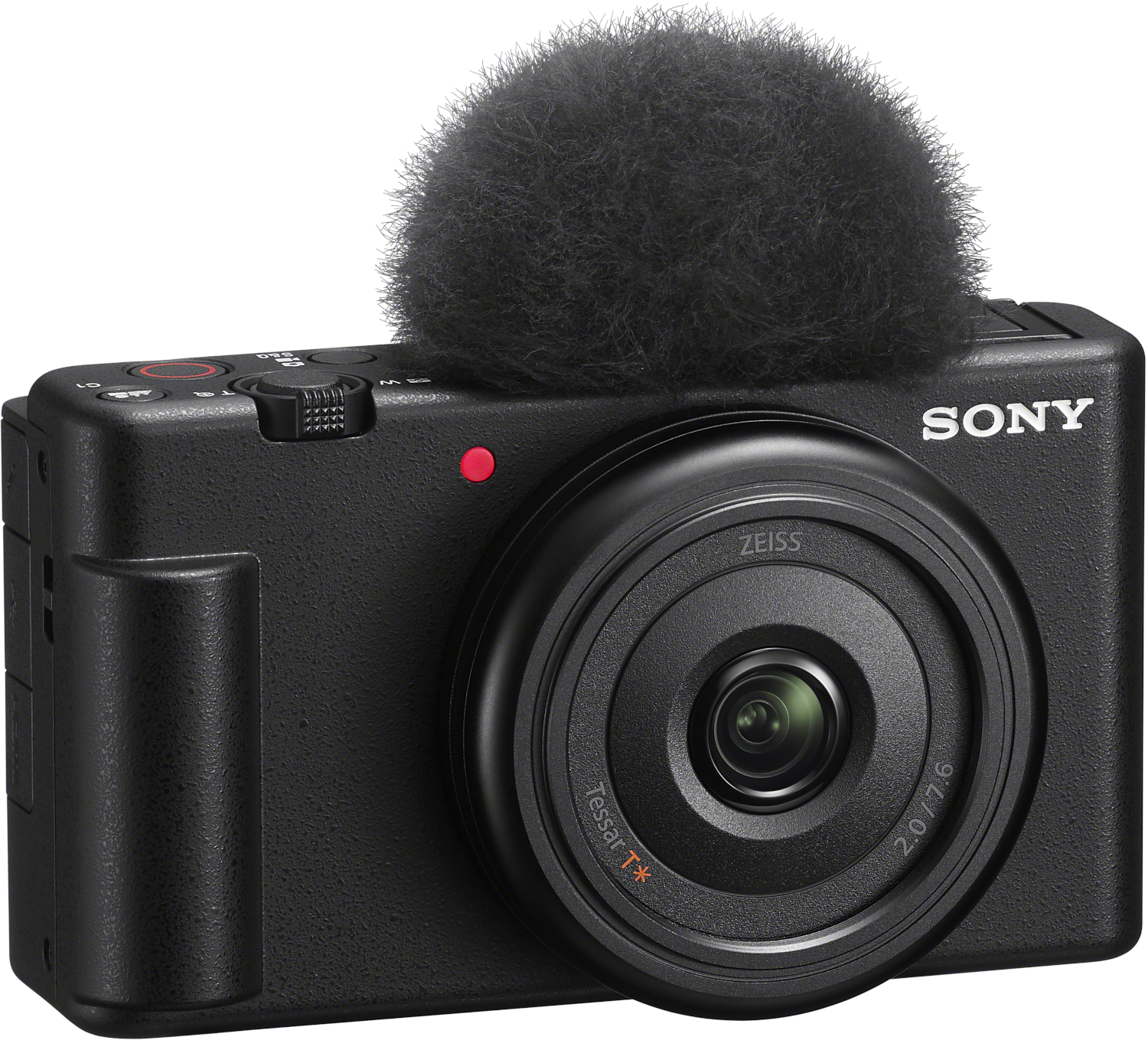 Appareil photo Sony noir avec un microphone sur le dessus. L'objectif est au centre.