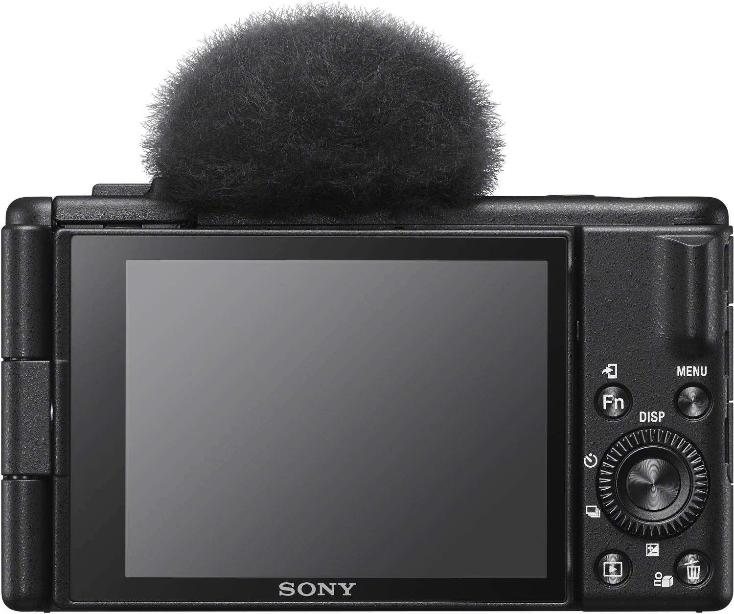 Vue arrière d'un appareil photo noir avec microphone attaché. Il a un écran et un bouton de menu sur le côté droit.