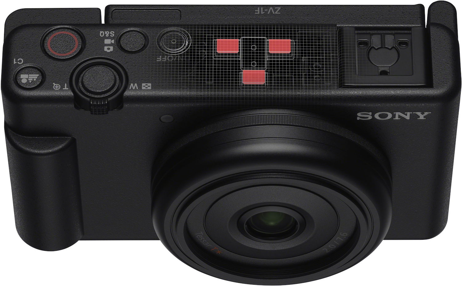Appareil photo Sony noir. Boutons et objectif visibles. Le mot "SONY" est écrit sur l'appareil.