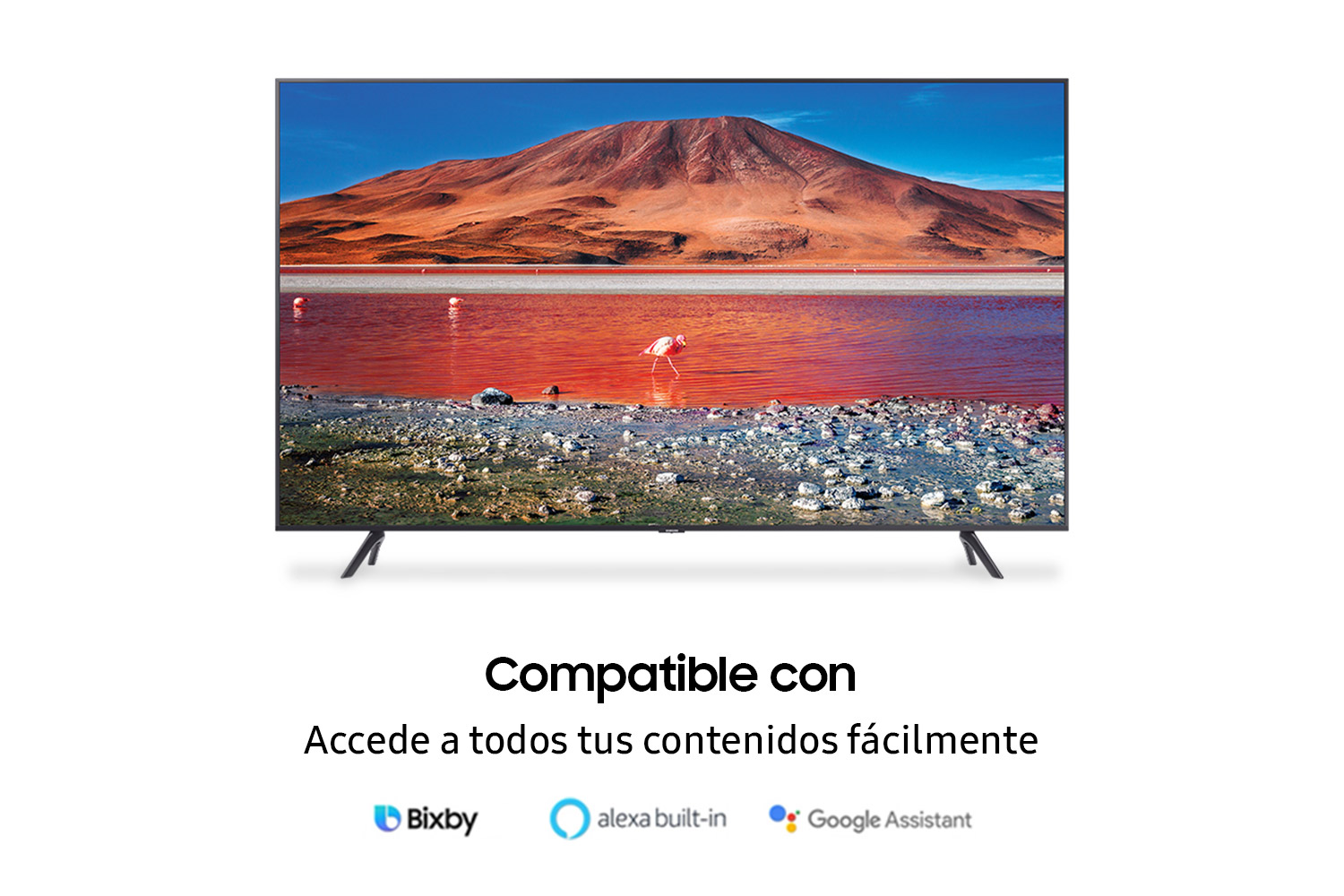 TV grande mostrando escena de lago con montaña y flamenco. Bixby, Alexa y Google.