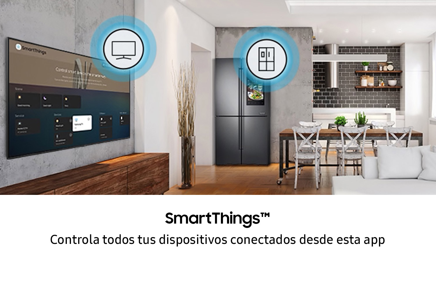 Configuración SmartThings: TV y refrigerador con pantalla inteligente. Texto: Controla dispositivos desde app.