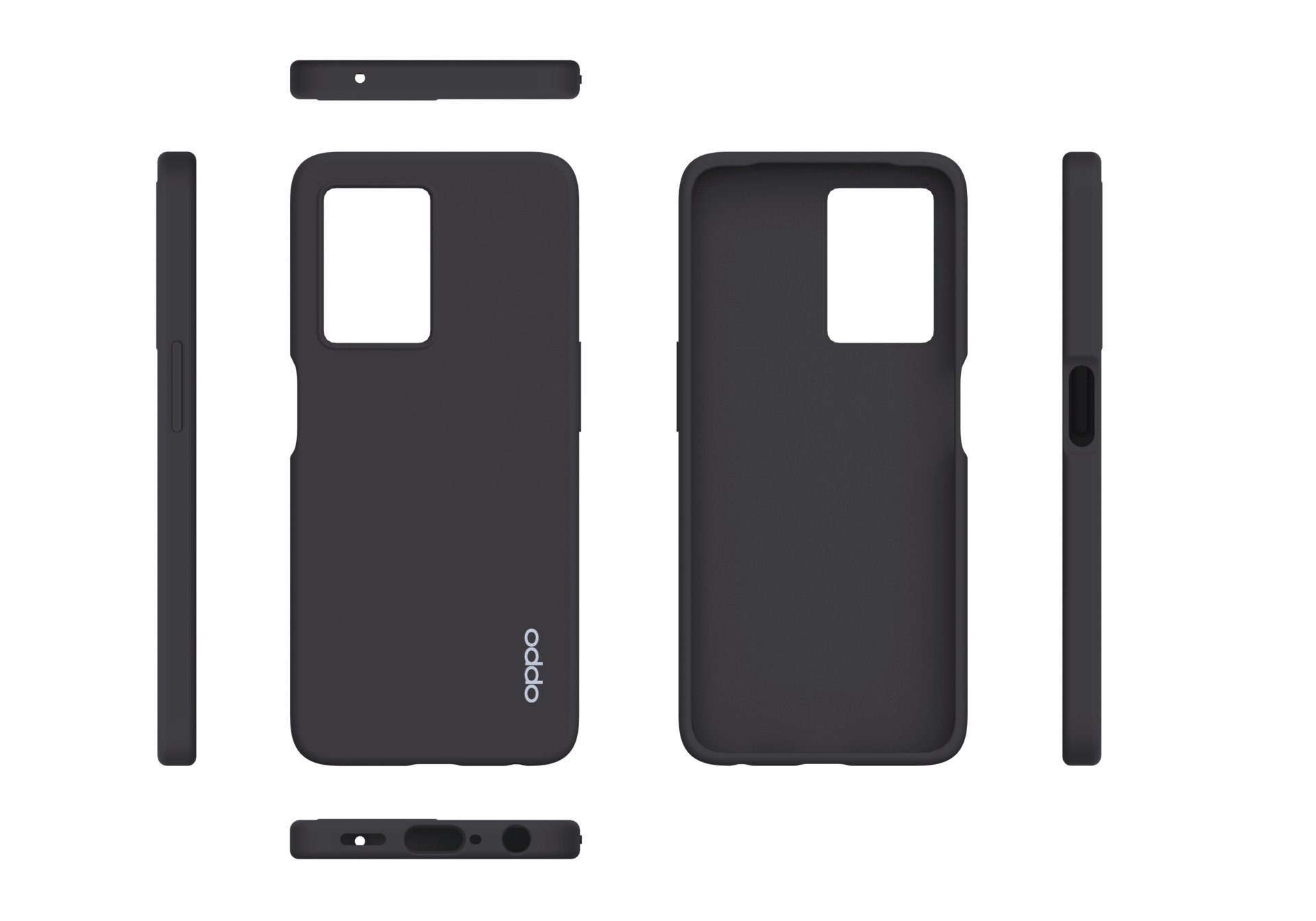Funda de teléfono negra para Oppo, múltiples vistas que muestran la parte delantera, trasera y laterales.