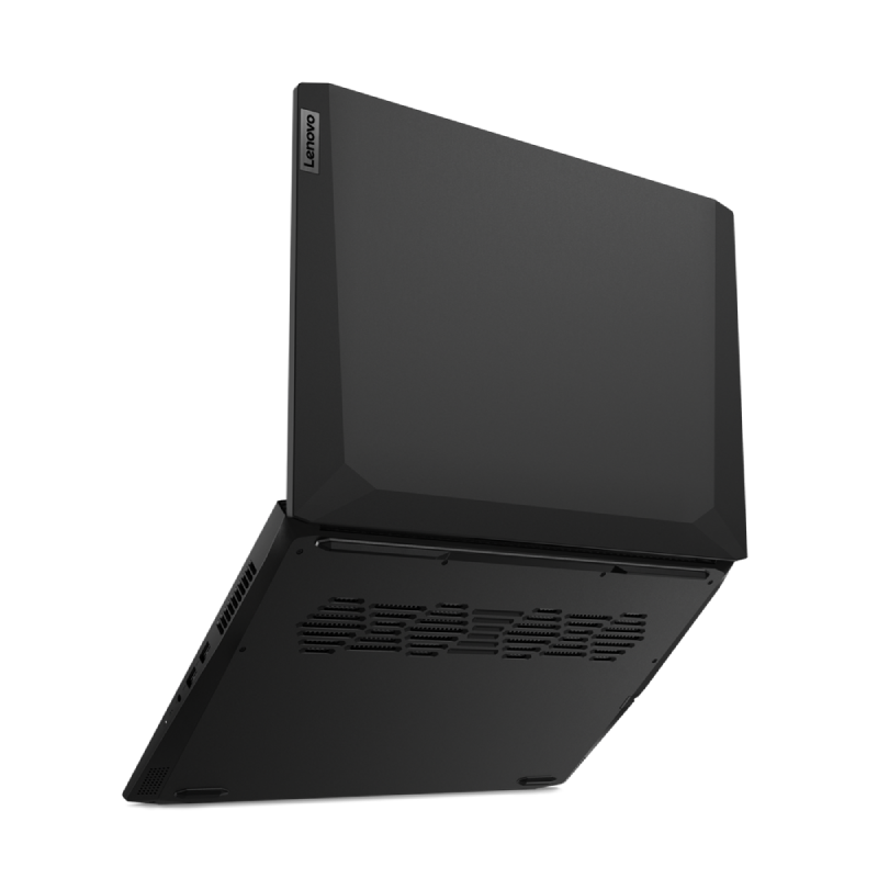 Laptop negro, vista superior en ángulo, revelando pantalla abierta y parte inferior con patrón de ventilación.