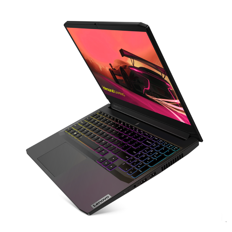 Ordenador portátil sobre superficie negra. Teclado con luces coloridas. Pantalla muestra un coche de carreras.