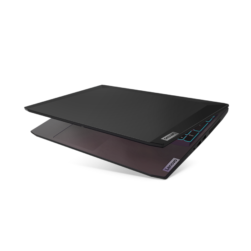 Portátil Lenovo negro y gris, abierto en ángulo, mostrando teclado con teclas iluminadas.