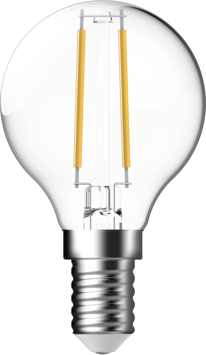 Een heldere glazen gloeilamp met gele verticale filamenten, zilveren voet.