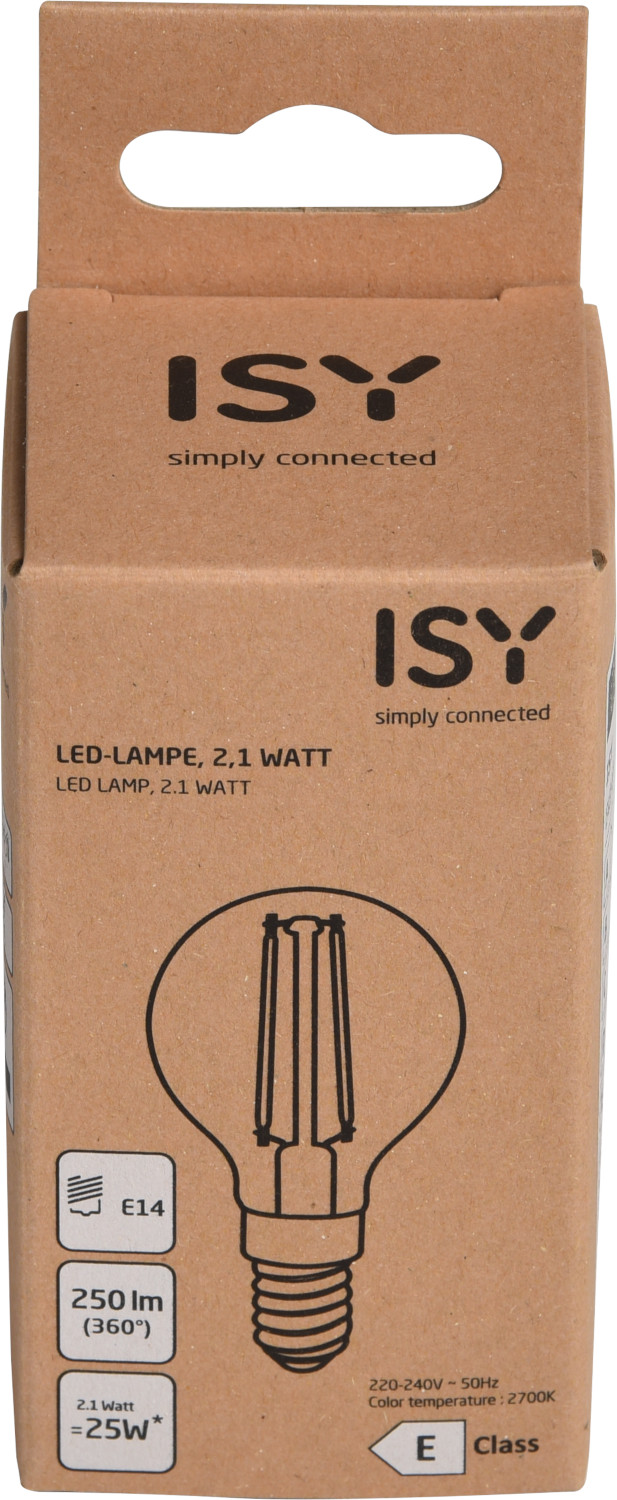 Een kartonnen doos voor een ISY LED-lamp. De doos toont de details en een illustratie van de lamp.