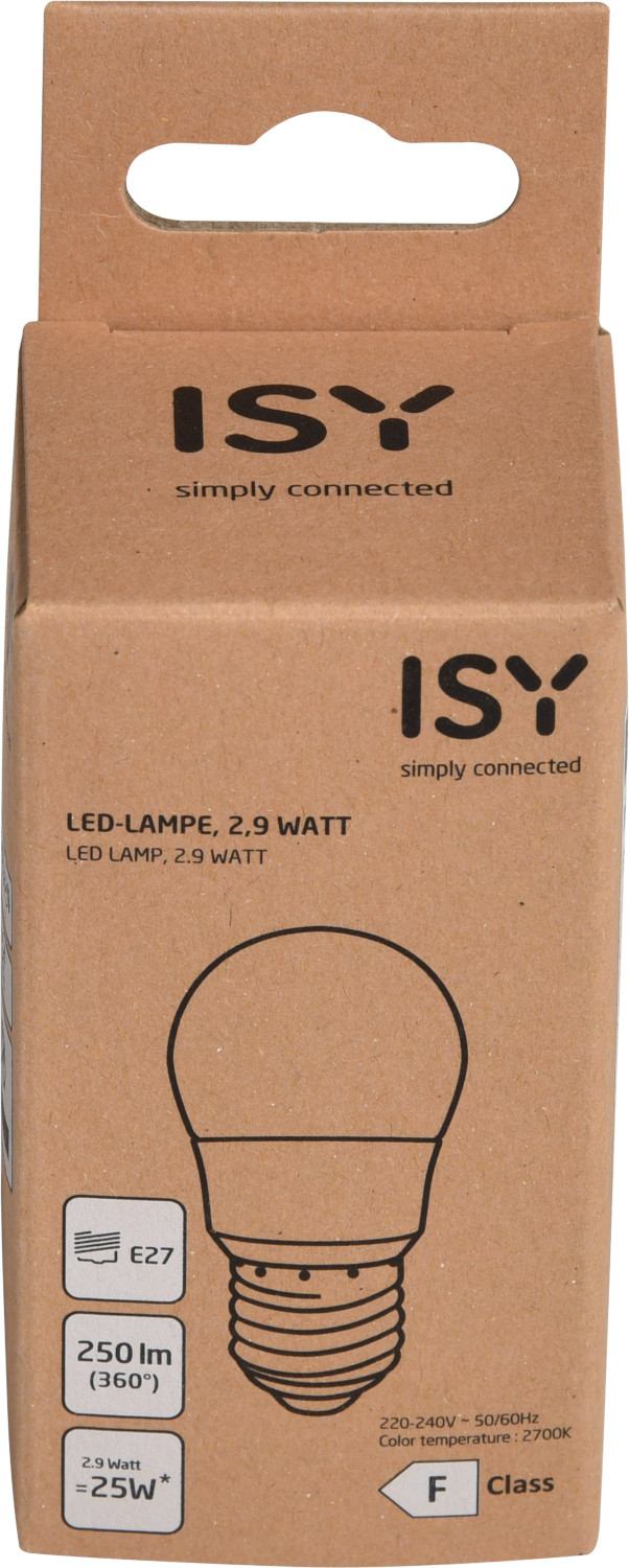 Un emballage de lampe LED de marque ISY, vertical avec image d'ampoule.