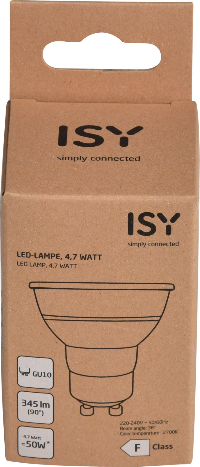 Boîte marron avec lampe LED ISY, avec la lampe visible, montrant les détails.
