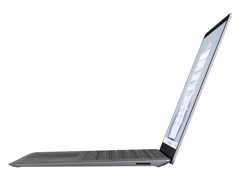 Ein Laptop im Profil, mit geöffnetem Bildschirm. Das Gehäuse ist grau.