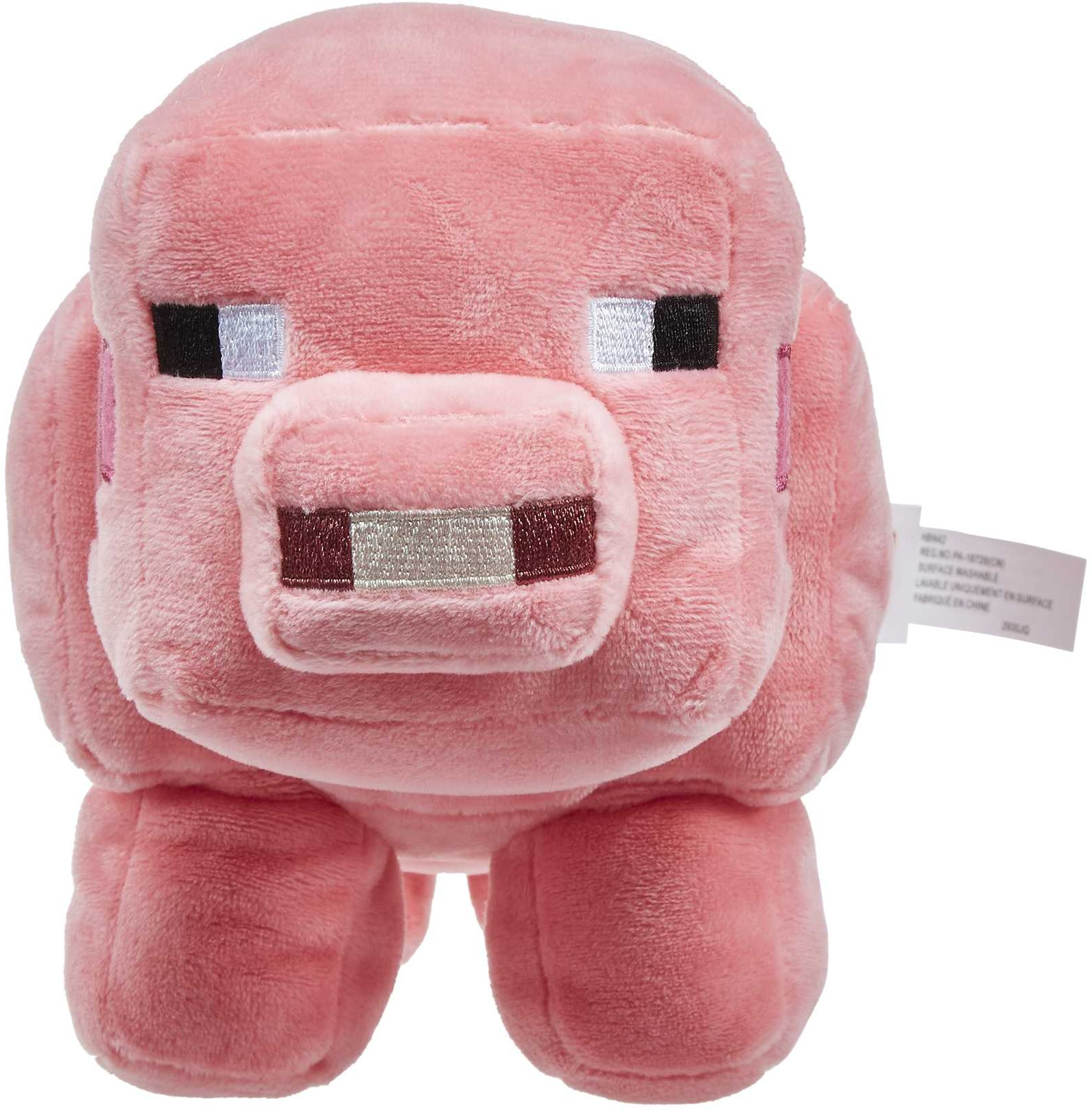 Rosa Minecraft-Schwein-Plüschtier. Es hat einen quadratischen Kopf, eine große Schnauze und blockartige Merkmale.