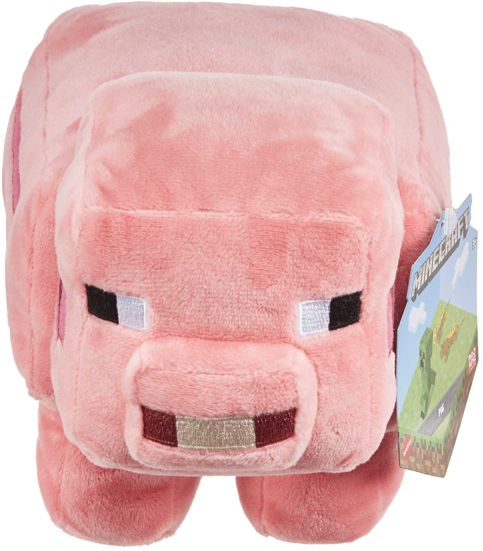 Rosa Plüsch-Minecraft-Schwein-Spielzeug mit blockartiger Schnauze, Ohren und Augen. Etikett an der Seite.