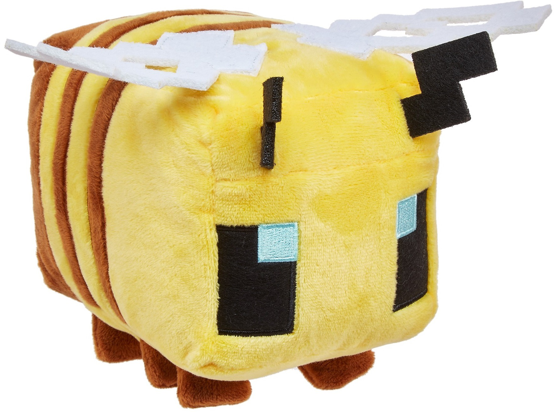 Ein Minecraft-Bienen-Plüschtier, gelb mit braunen Streifen und blauen Augen, Flügel oben.