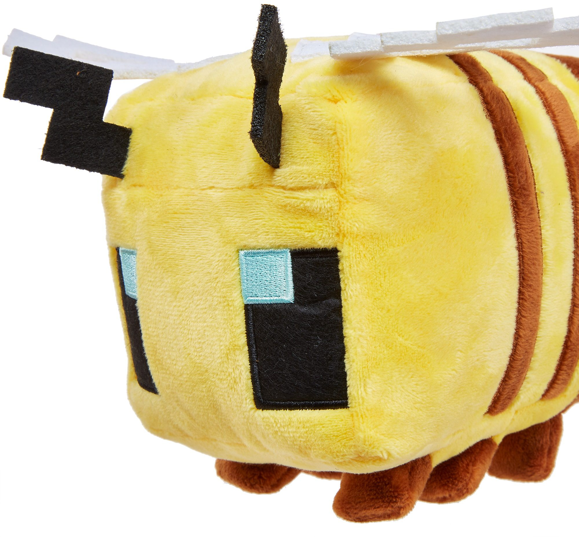Ein gelbes und braunes Minecraft-Bienen-Plüschtier auf weißem Hintergrund.